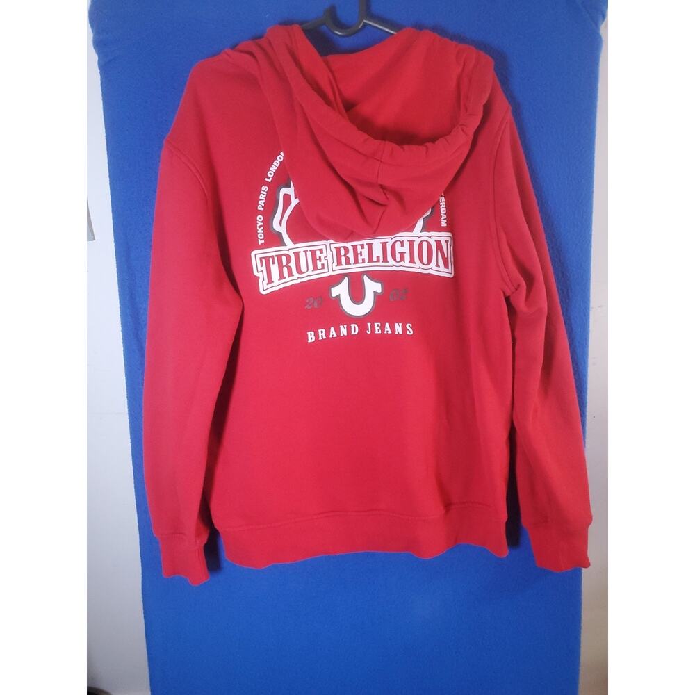 True Religion Men XL Red Buddha Zip Up Hoodie Horseshoe Logo Sweater - Picture 14 of 16